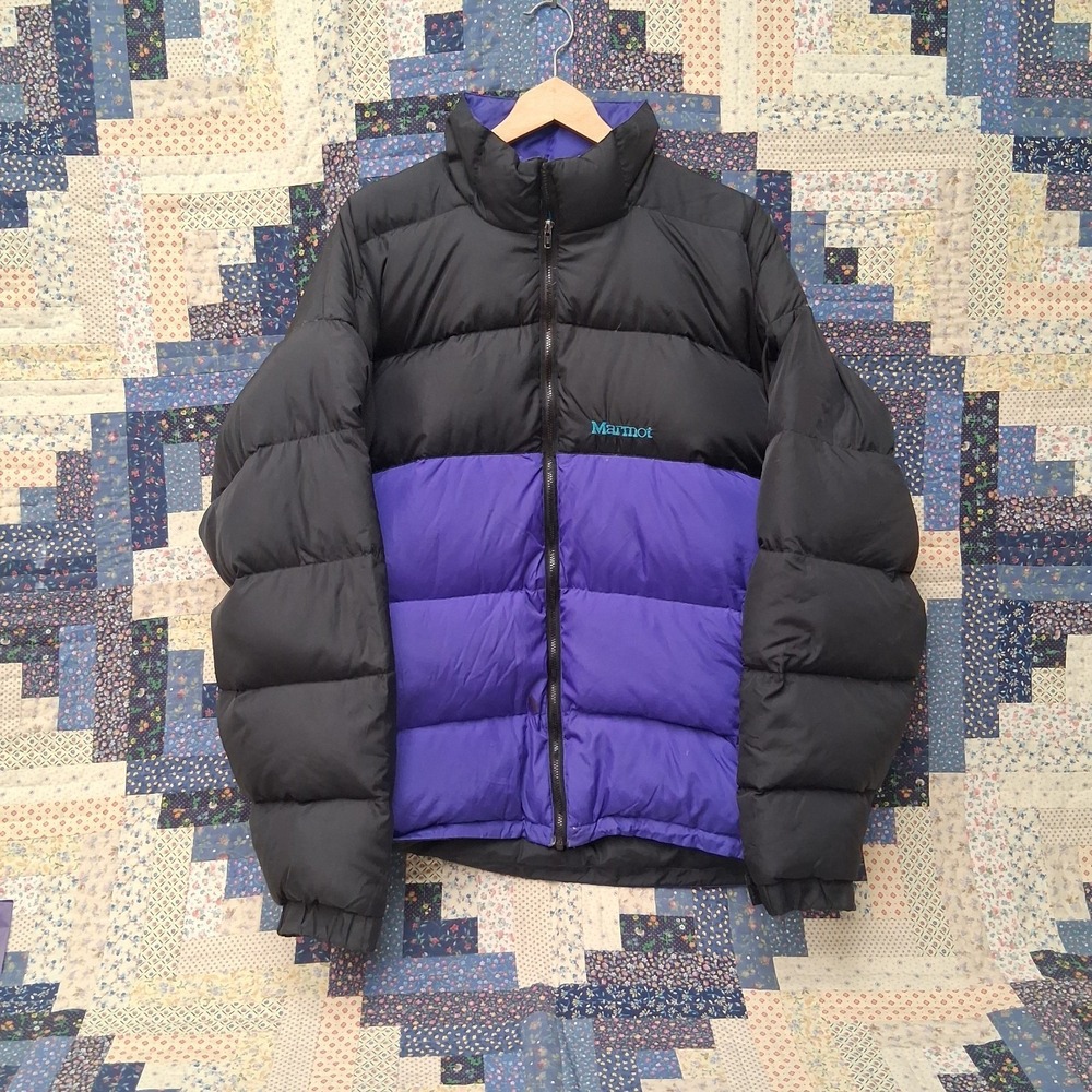 Marmot Puffer Jacket Mens XL Black Purple Goose Down Coat Gorpcore